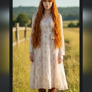 Leshop Cream and Pink Floral Midi Dress